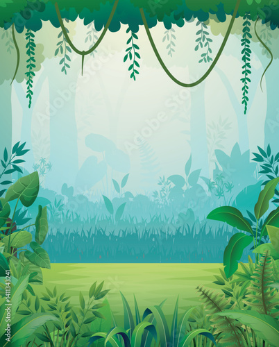 Lush jungle scene with green foliage and sunlight