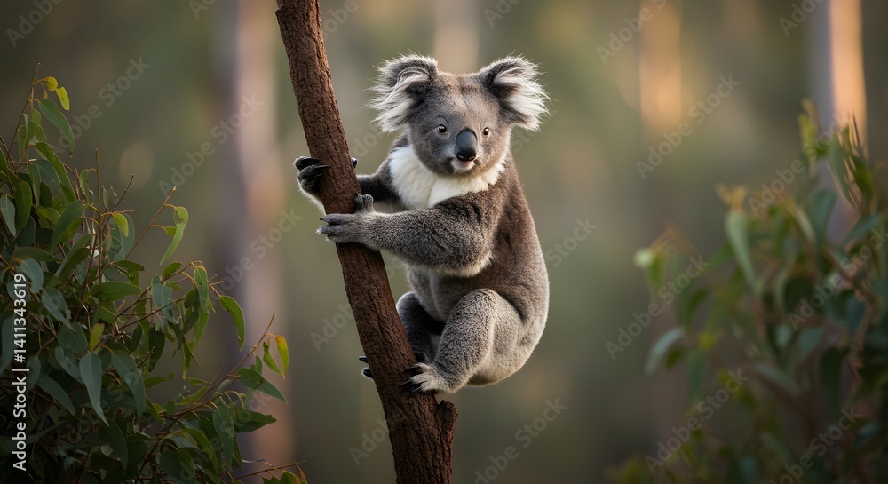Obraz premium Koala clings to a tree branch, showcasing its furry ears and endearing expression in a serene forest setting.