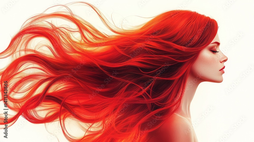 Fiery Red Hair: A Profile Portrait of a Woman with Long, Flowing Locks Fiery Red Hair: A Profile Portrait of a Woman with Long, Flowing Locks