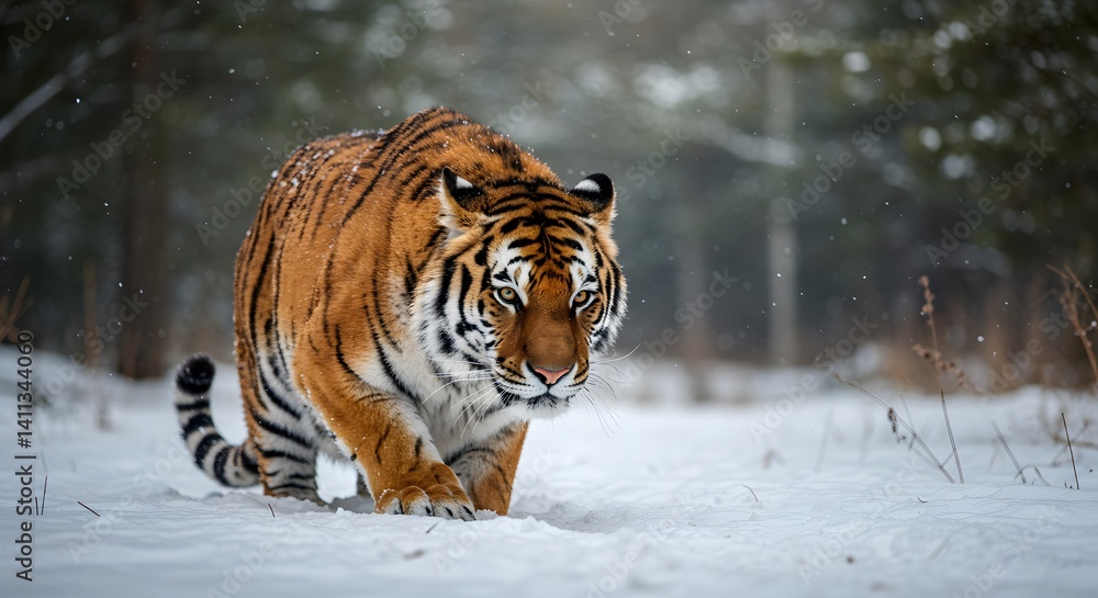 Obraz premium Tiger walking through the snow-covered woods, its orange and black stripes blending with the winter scene.