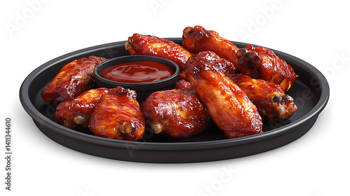 Crispy, glazed chicken wings on a black plate