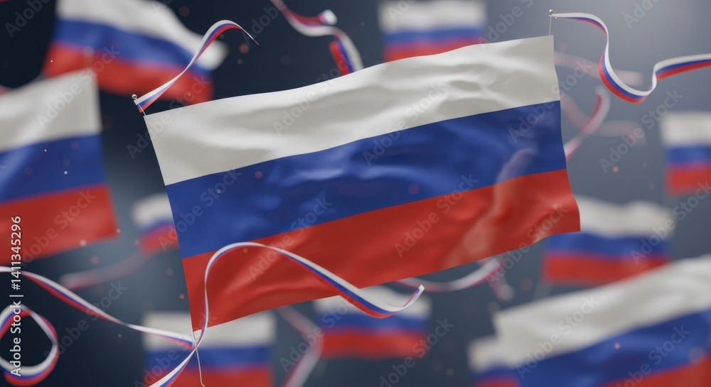 Obraz premium Celebrating Russia: A Stunning Display of Waving Flags and Festive Ribbons