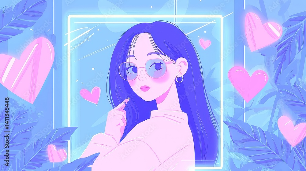 Cartoon Influencer in Glowing Mirror Frame, surrounded by floating likes and hearts, vibrant colors, engaging pose, dynamic atmosphere, playful and lively expression Cartoon Influencer in Glowing Mirror Frame, surrounded by floating likes and hearts, vibrant colors, engaging pose, dynamic atmosphere, playful and lively expression