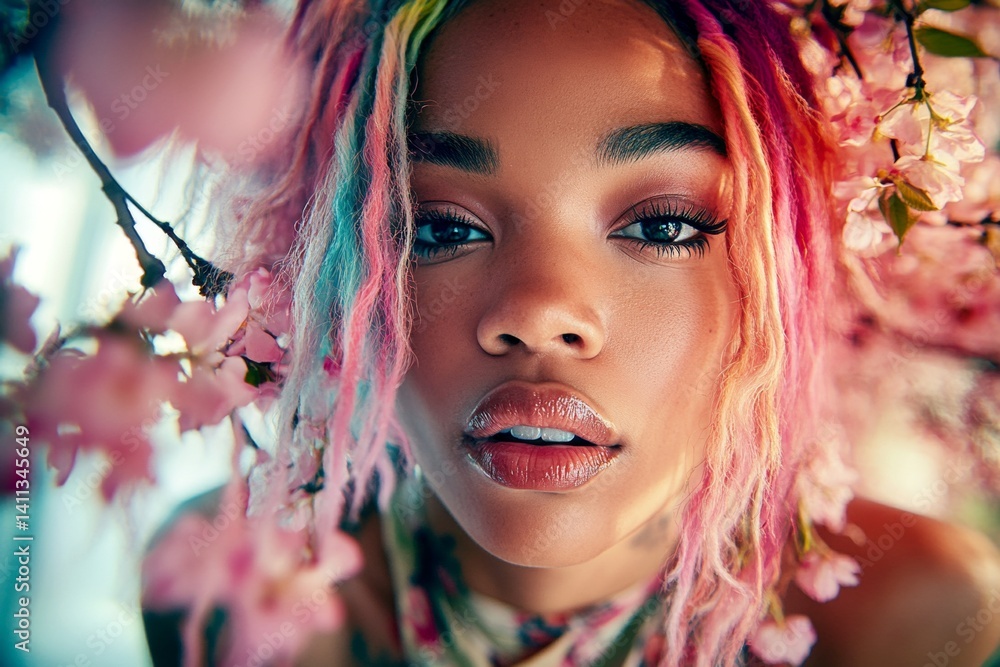 Spring mood visual idea,dark night and warm mystic light - complementary lighting. Stunning black adult woman inhaling the scent of cherry blossoms. Woman surrounded by spring blooms. Spring mood visual idea,dark night and warm mystic light - complementary lighting. Stunning black adult woman inhaling the scent of cherry blossoms. Woman surrounded by spring blooms.