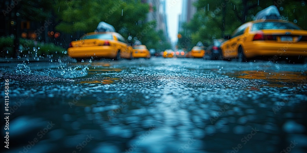 Fototapeta premium Rainy day in the city with yellow cabs
