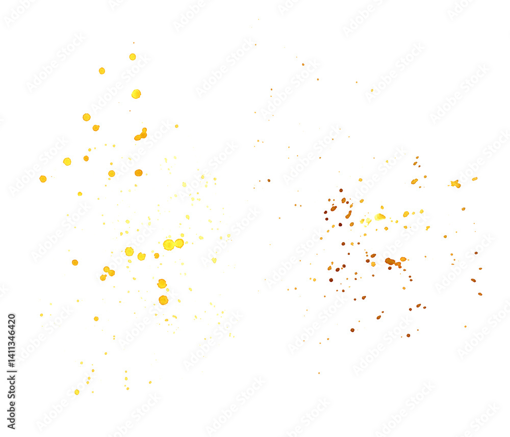 Yellow and brown abstract watercolor splashes, drops and blots. Hand drawn splatter paint. Chaotic stains design element isolated from background for summer and fall backdrop. Sketch of dynamic blobs. Yellow and brown abstract watercolor splashes, drops and blots. Hand drawn splatter paint. Chaotic stains design element isolated from background for summer and fall backdrop. Sketch of dynamic blobs.