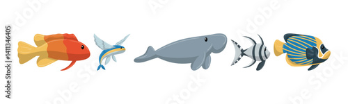 Cheerful cartoon collection of colorful and distinct sea creatures. Illustration of aquatic animals, great for educational and decorative projects.