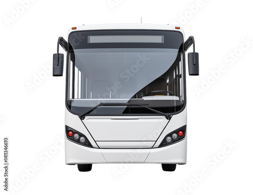 Front view of a white bus with large windshield and side mirrors on a transparent background in a studio shot png