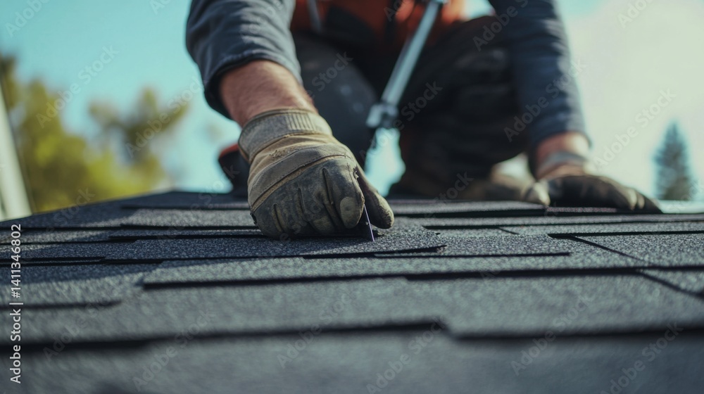 Roofing worker adjusting shingles on a roof. Featuring expertise and focus Roofing worker adjusting shingles on a roof. Featuring expertise and focus