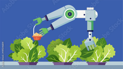 Robot arms equipped with delicate grippers delicately pluck individual lettuce leaves ensuring minimal damage and maintaining the highest levels of quality.. Vector illustration