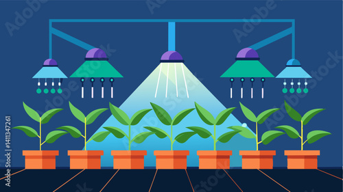 Realtime lighting control systems adjust the spectrum and intensity of artificial lights in indoor farms mimicking natural sunlight for optimal plant growth.. Vector illustration