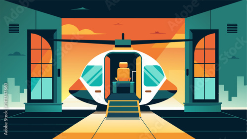 The boarding process begins as the door of the eVTOL smoothly slides open revealing a spacious and modern interior.. Vector illustration
