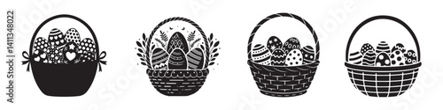 Black and white Set of Easter Basket Filled with Patterned Eggs Vector Illustration on white background