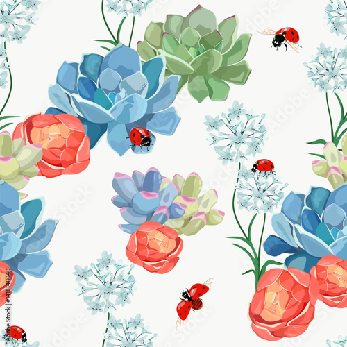 Flowers, succulents and ladybugs on a white background. Seamless vector illustration. For decoration textile, packaging, wallpaper.