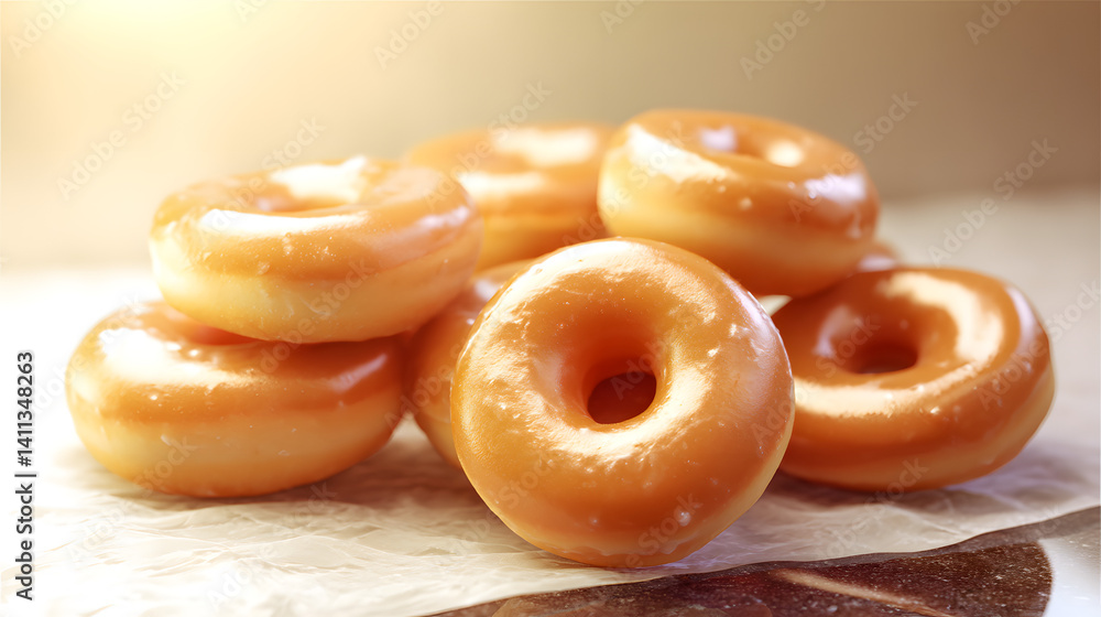 Classic Glazed Donuts Piled Together in a Photorealistic Style with Soft Lighting and Texture Details Classic Glazed Donuts Piled Together in a Photorealistic Style with Soft Lighting and Texture Details