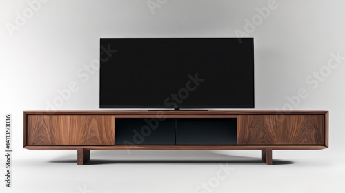front view of a TV, modern farmhouse style living room, white walls, oak wood...