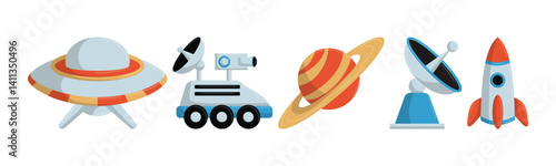 A group of vector images showcases a rocket, planet, rover, satellite dish and a UFO in a cartoon style. Great for themes like space exploration.