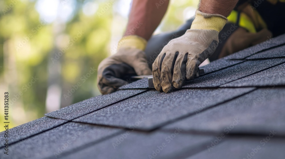 Roofing worker installing roofing shingles on a house. Featuring precision and attention to detail Roofing worker installing roofing shingles on a house. Featuring precision and attention to detail