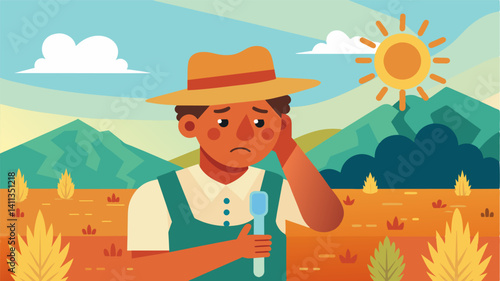 Sweat poured down the farmers face as he looked at the thermometer a cruel indicator of the punishing heatwave that was wreaking havoc on his precious fields.. Vector illustration