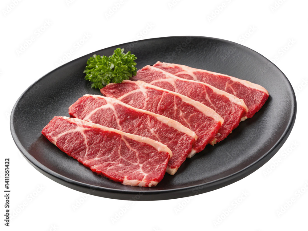 Fresh beef in black plate isolated on a white background. Fresh beef in black plate isolated on a white background.