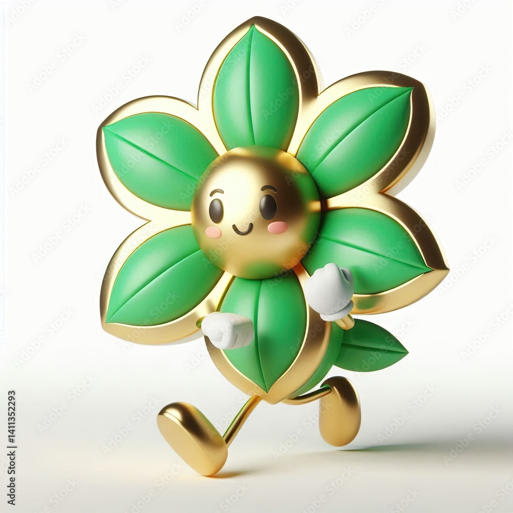 Animated character 3D image of green gold flower, cute design, white background, minimalist Animated character 3D image of green gold flower, cute design, white background, minimalist