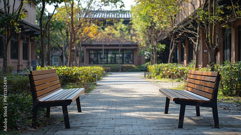 Obraz premium Two wooden benches are placed on a brick walkway in a park
