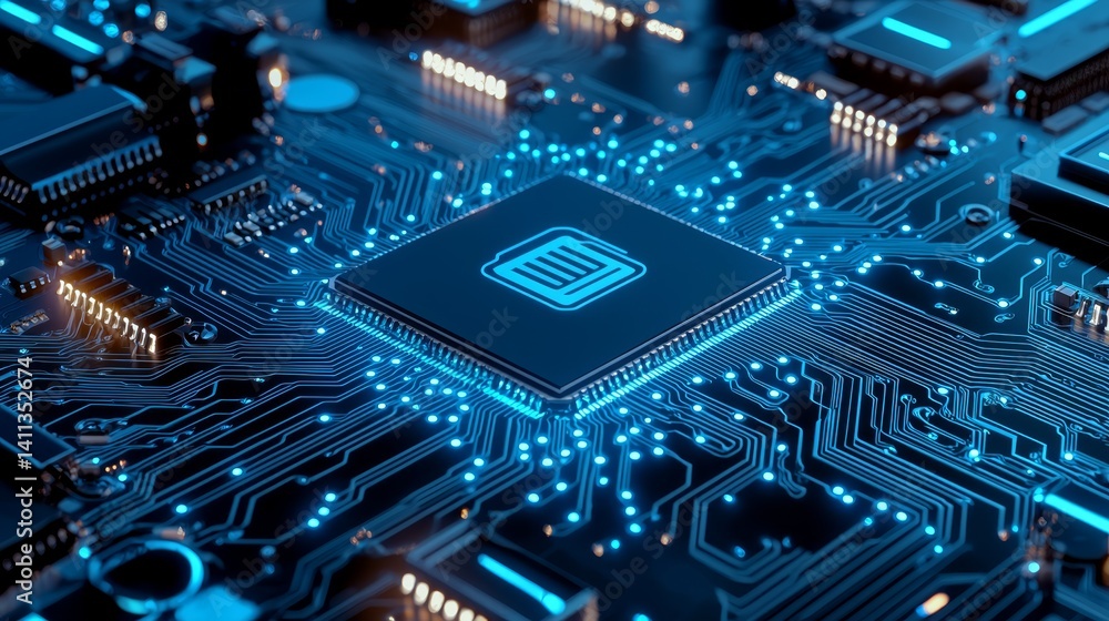 Intricate blue circuit board detailed view of electronic components connections and technological innovation Intricate blue circuit board detailed view of electronic components connections and technological innovation