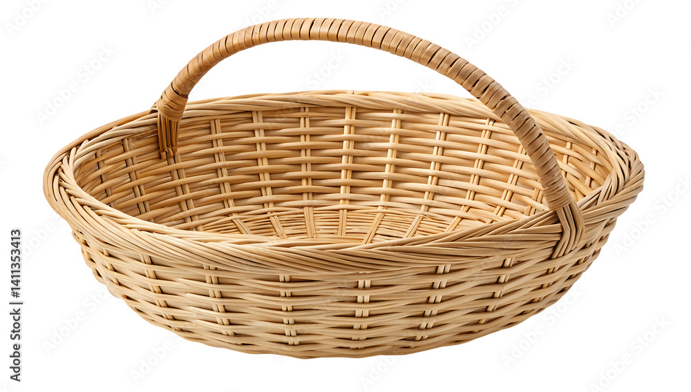 Handcrafted Wicker Basket with Handle isolated on white background. Perfect for Storage and Decoration . Handcrafted Wicker Basket illustration on white Handcrafted Wicker Basket with Handle isolated on white background. Perfect for Storage and Decoration . Handcrafted Wicker Basket illustration on white