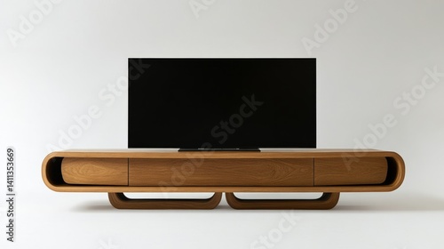 front view of a TV, modern farmhouse style living room, white walls, oak wood...