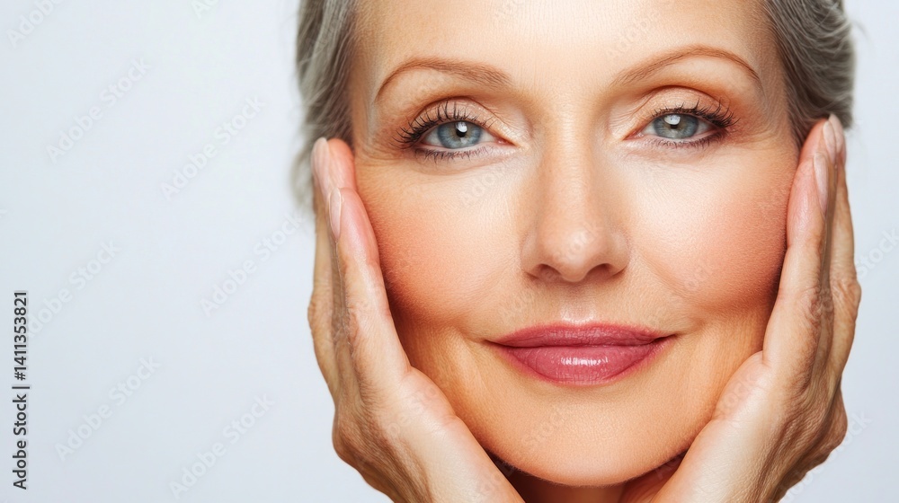 Fototapeta premium portrait showcasing a mature woman's natural radiance and gracefully aging complexion with soft lighting emphasizing her beautiful skin and elegant features highlighting skincare and self acceptance
