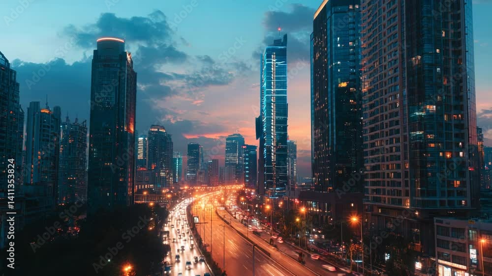 Cityscape view of illuminated skyscrapers and traffic on highway at dusk in urban environment Cityscape view of illuminated skyscrapers and traffic on highway at dusk in urban environment