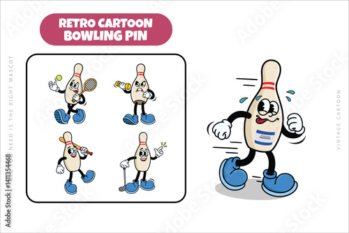 Set of Traditional Bowling Pin Cartoon Illustration with Varied Poses and Expressions