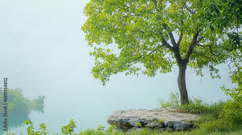 Fototapeta premium Serene misty lake with solitary tree captivating scene of natural beauty and tranquility