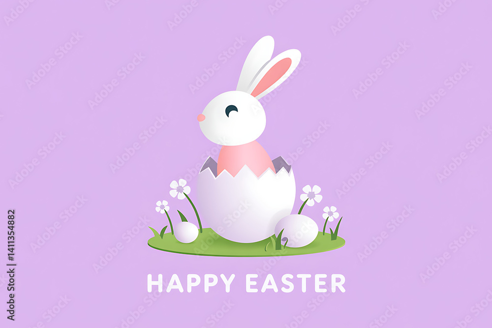 Adorable Easter bunny emerging from a cracked egg on a vibrant purple background with charming flowers and eggs exudes springtime joy. Adorable Easter bunny emerging from a cracked egg on a vibrant purple background with charming flowers and eggs exudes springtime joy.