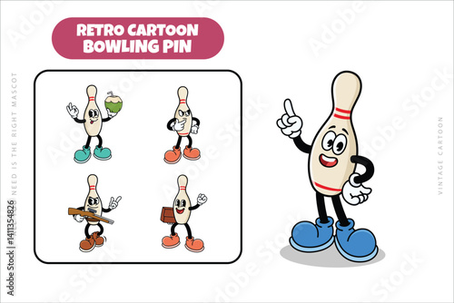 Set of Traditional Bowling Pin Cartoon Illustration with Varied Poses and Expressions