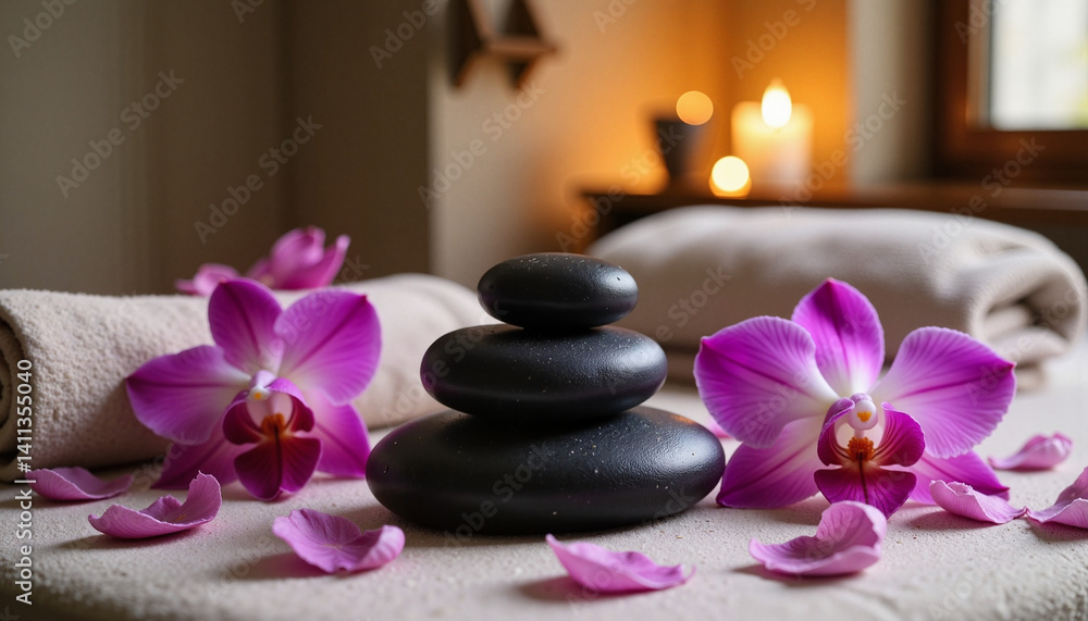 Tranquil spa stones with pink orchids and candles in serene setting Tranquil spa stones with pink orchids and candles in serene setting