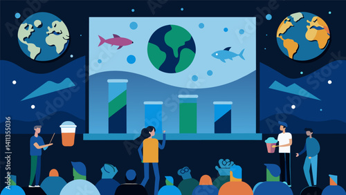 A series of data visualizations projected onto a giant screen at a music festival highlighting the impacts of excessive plastic usage on the ocean.. Vector illustration