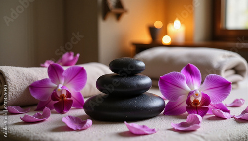 Tranquil spa stones with pink orchids and candles in serene setting  