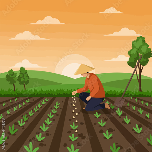 Farmer Planting Seeds in Field at Sunset Agriculture