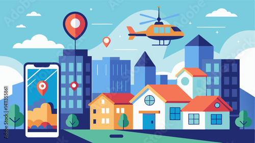 In this hightech residential area residents can track the location and estimated arrival time of their air taxi in realtime via their smartphones adding an extra level of. Vector illustration