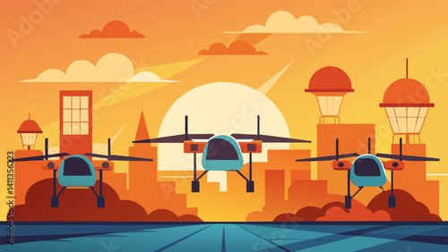As the morning sun rises a line of air taxis charge up for the day ahead their batteries recharged by solar panels.. Vector illustration