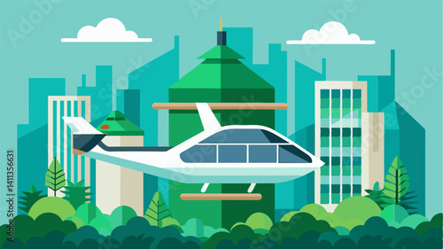 Against a backdrop of green rooftops and vertical gardens an air taxi showcases its contribution to making cities more ecofriendly and livable.. Vector illustration