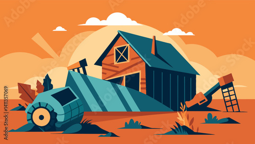 The image of a collapsed barn surrounded by the modern machinery and technology of largescale farming highlights the stark contrast between traditional and modern agriculture.. Vector illustration