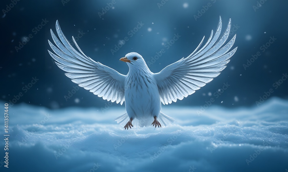 Fototapeta premium A white bird with its wings outstretched in snow.