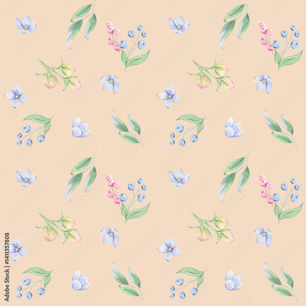 Plant branches with berries. Simple pattern. Watercolor Plant branches with berries. Simple pattern. Watercolor