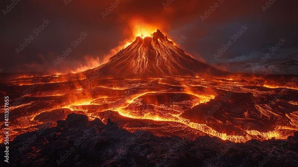 Fototapeta premium Volcano erupting with fiery lava flows