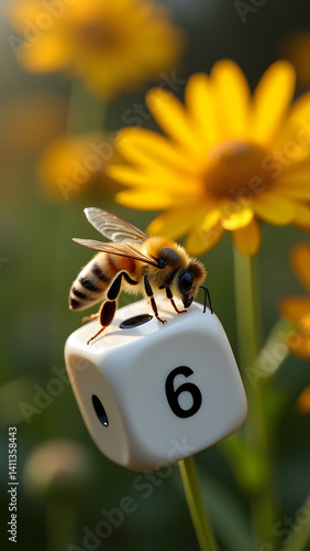 A bee rests on a white die’s six-dot, surrounded by blurred flowers. Nature meets precision in stark contrast.