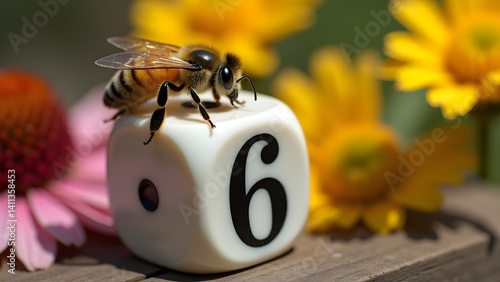 A bee rests on a white die’s six-dot, surrounded by blurred flowers. Nature meets precision in stark contrast.