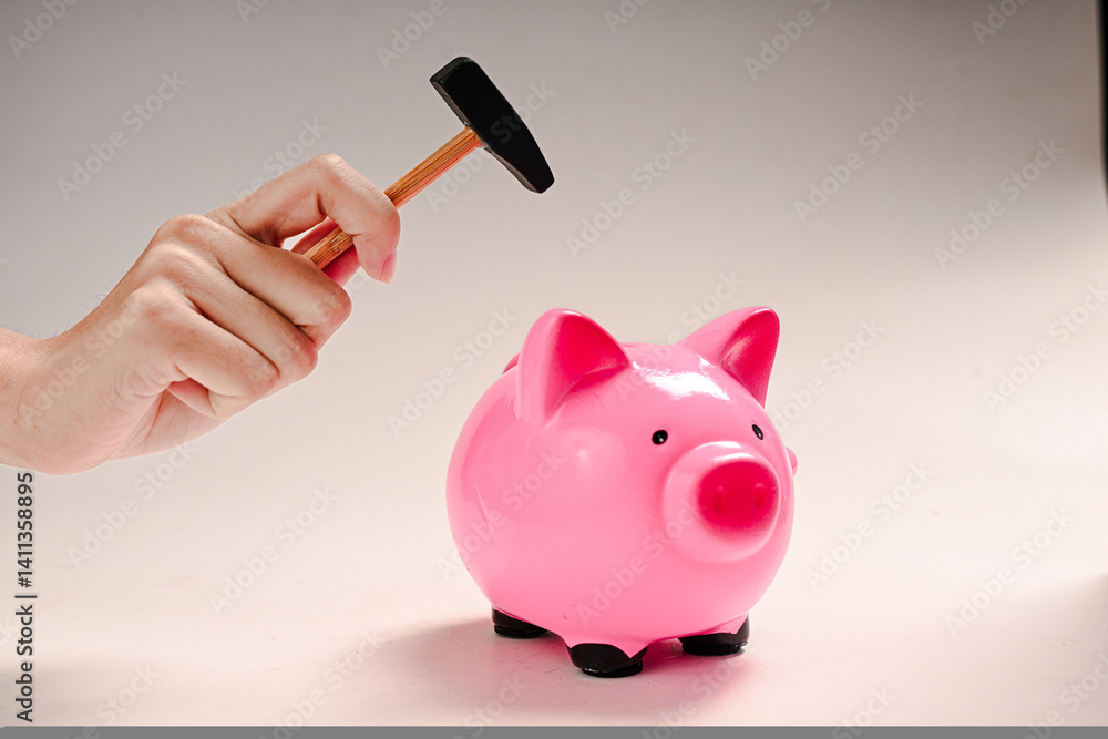 A human hand holding a small hammer raised above a glossy pink piggy bank on a cream background, symbolizing breaking savings or accessing stored money