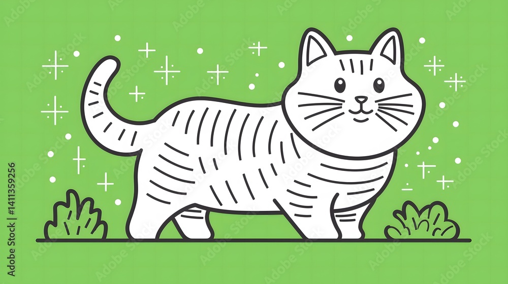Fototapeta premium Playful cat illustration digital art whimsical green background creative design fun concept